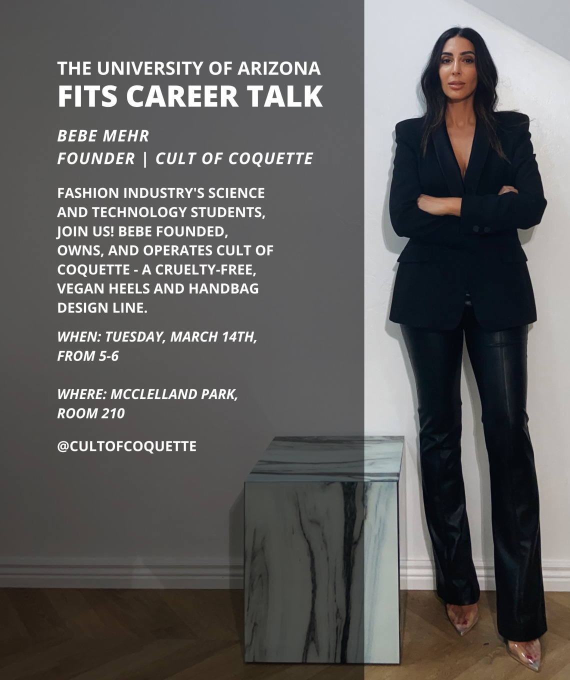 FIT Career Talk with Bebe Mehr information and picture of Bebe Mehr standing